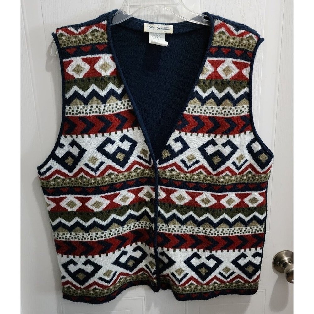 Vtg‎ Two Twenty Women's Sleeveless Sweater Knit Cardigan Vest Fair Isle Size 14